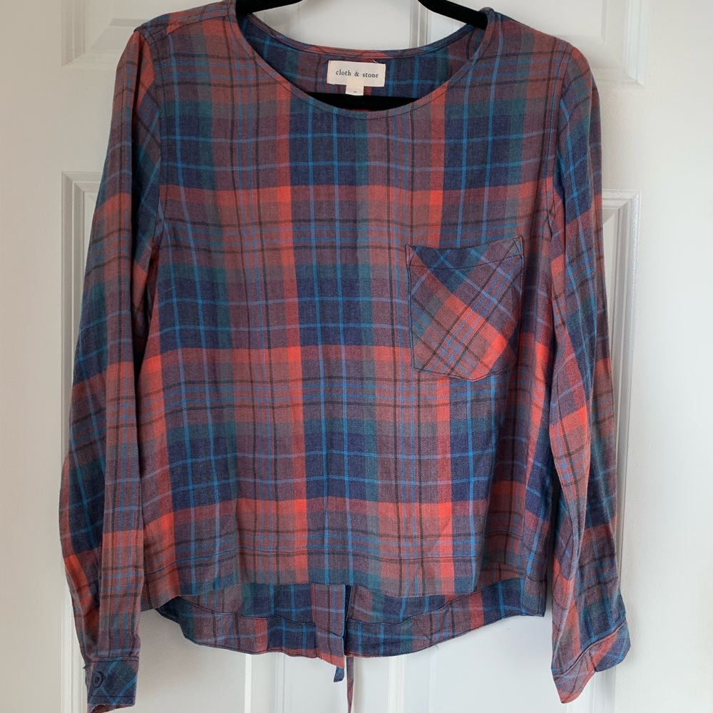 Cloth & Stone Plaid Lace Up Back Popover Top Size‎ S Cotton Pocket Long Sleeves
